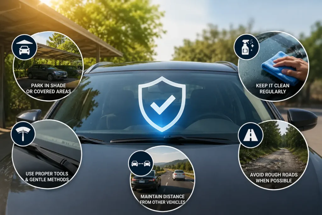 Car windshield with protection tips including parking in shaded areas, regular cleaning, using gentle tools, maintaining distance from other vehicles, and avoiding rough roads.