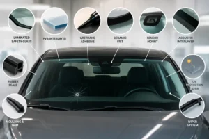 Modern vehicle windshield showing key materials and components including laminated safety glass, PVB interlayer, urethane adhesive, ceramic frit, sensor mount, UV protection layer, rubber seals, moulding, and wiper system.