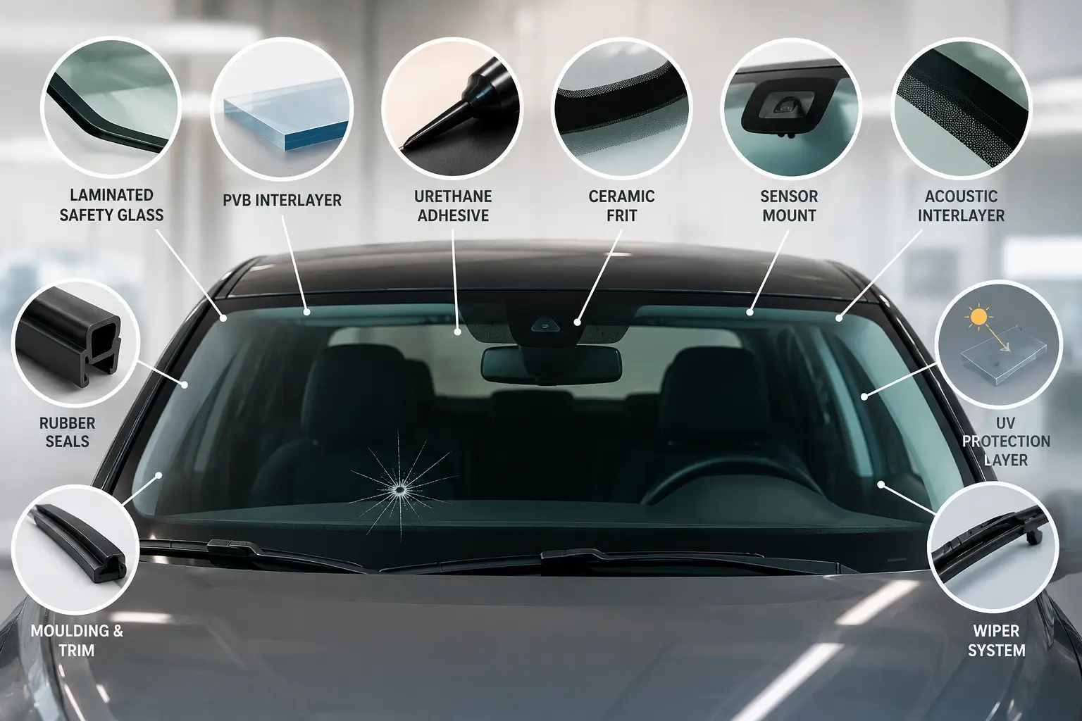Modern vehicle windshield showing key materials and components including laminated safety glass, PVB interlayer, urethane adhesive, ceramic frit, sensor mount, UV protection layer, rubber seals, moulding, and wiper system.