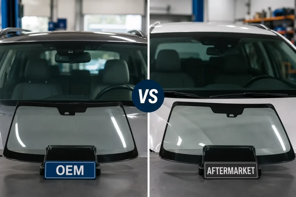 Side-by-side comparison of OEM and aftermarket windshields displayed in an auto glass shop, highlighting differences in quality, compatibility, and replacement pricing.