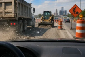 View through a vehicle windshield with a rock chip while driving past a Metro Detroit road construction zone with dump trucks, gravel, construction barrels, and heavy equipment.
