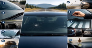 Collage illustrating ten common driver habits that can damage a vehicle windshield over time, including driving with existing chips, worn wiper blades, using ice scrapers, carrying roof cargo, gravel road driving, improper repairs, sun exposure, tailgating, and hanging heavy accessories from the rearview mirror.