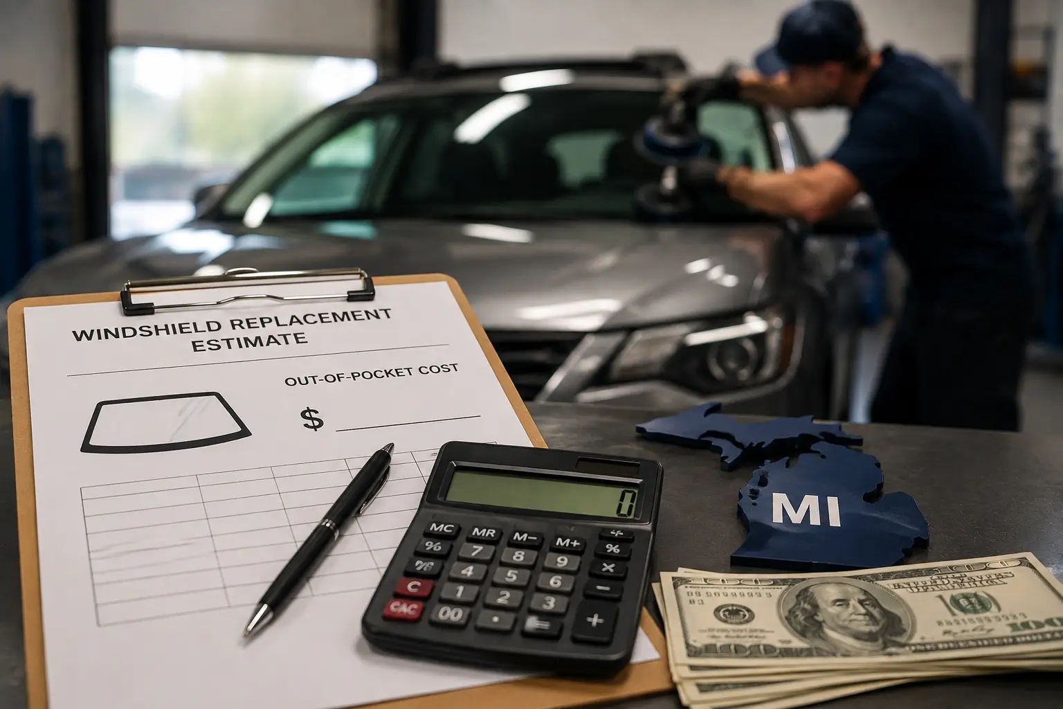Driver reviewing windshield replacement costs while a damaged windshield and auto glass technician are shown in a professional repair shop, illustrating out-of-pocket expenses in Michigan.
