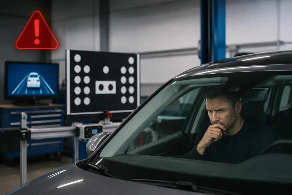 Vehicle positioned in an auto repair shop for ADAS calibration, showing calibration targets and diagnostic equipment used to help maintain accurate safety sensor performance.