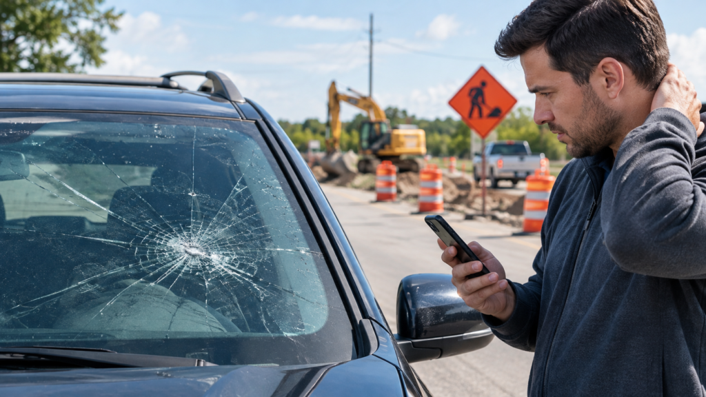 A driver inspecting a cracked windshield after a construction-related impact near a roadwork zone in Fenton, Michigan.