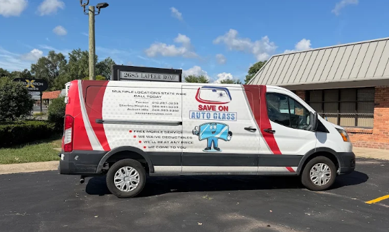 Save on auto glass free mobile service van standing at auburn hills location.