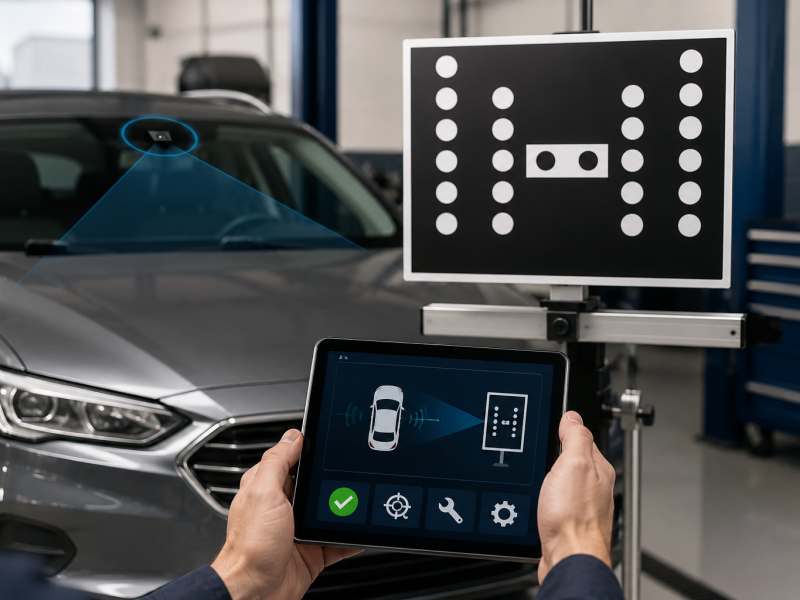Technician performing ADAS camera calibration on a vehicle after windshield replacement in a modern auto glass service shop