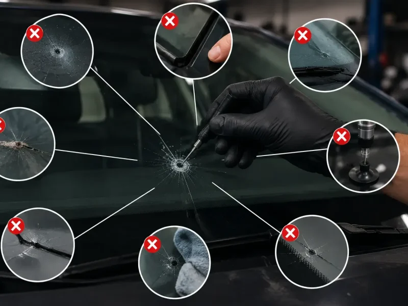 Close-up of a windshield chip repair with callouts highlighting common causes of repair failure, including contamination, moisture, poor resin application, and crack spread.