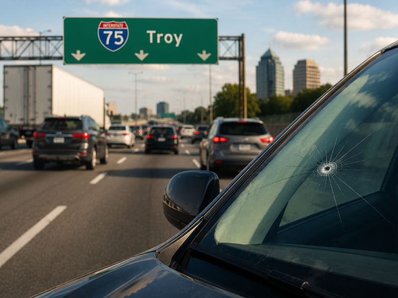 Vehicle with a chipped windshield in heavy I-75 traffic near Troy, Michigan, showing the impact of road debris on auto glass damage.