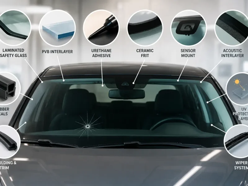 Modern vehicle windshield showing key materials and components including laminated safety glass, PVB interlayer, urethane adhesive, ceramic frit, sensor mount, UV protection layer, rubber seals, moulding, and wiper system.