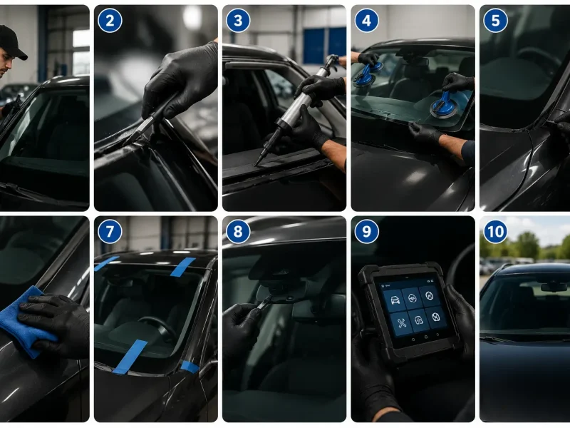 Auto glass technician performing the key steps of a professional windshield replacement, including glass removal, adhesive application, installation, and final inspection.