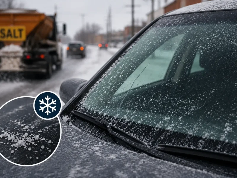 Car windshield covered with winter road salt and snow while driving behind a salt truck, illustrating seasonal auto glass damage.