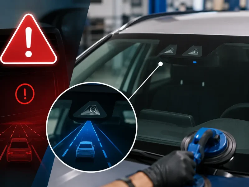 Technician installing a windshield on a vehicle with ADAS camera sensors and dashboard warning icons, illustrating the risks of low-quality windshield replacement