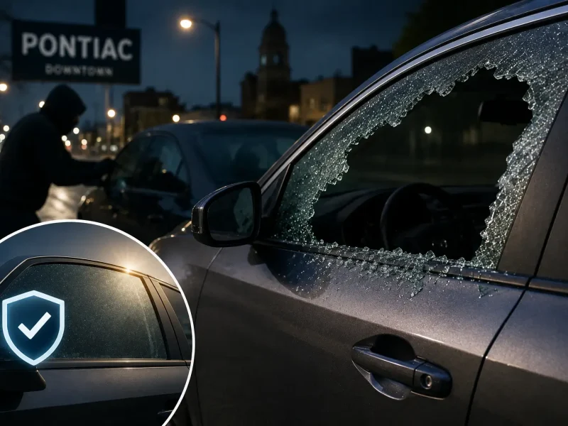 Broken car side window after a vehicle break-in in an urban parking area, highlighting theft prevention and auto glass replacement.