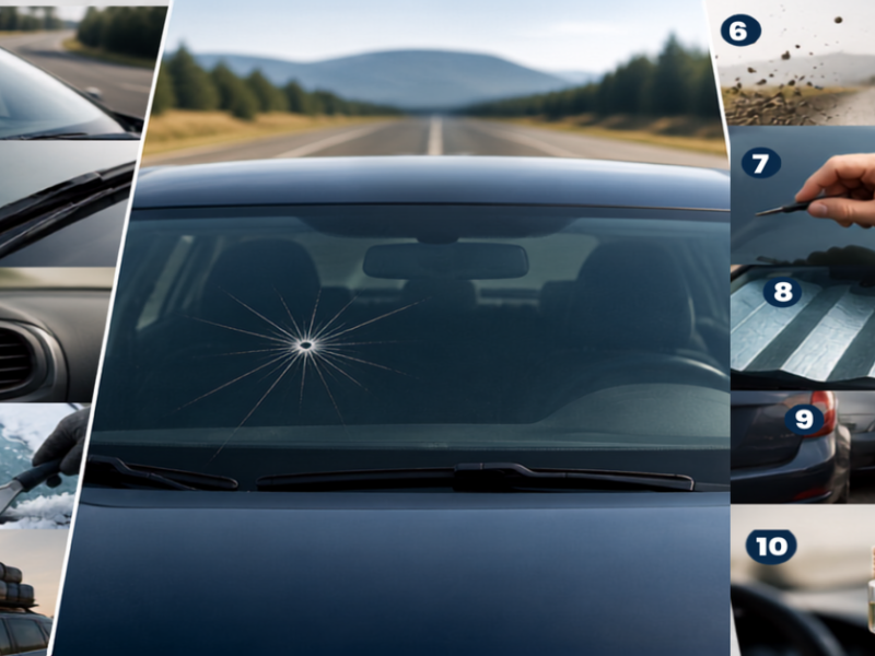 Collage illustrating ten common driver habits that can damage a vehicle windshield over time, including driving with existing chips, worn wiper blades, using ice scrapers, carrying roof cargo, gravel road driving, improper repairs, sun exposure, tailgating, and hanging heavy accessories from the rearview mirror.