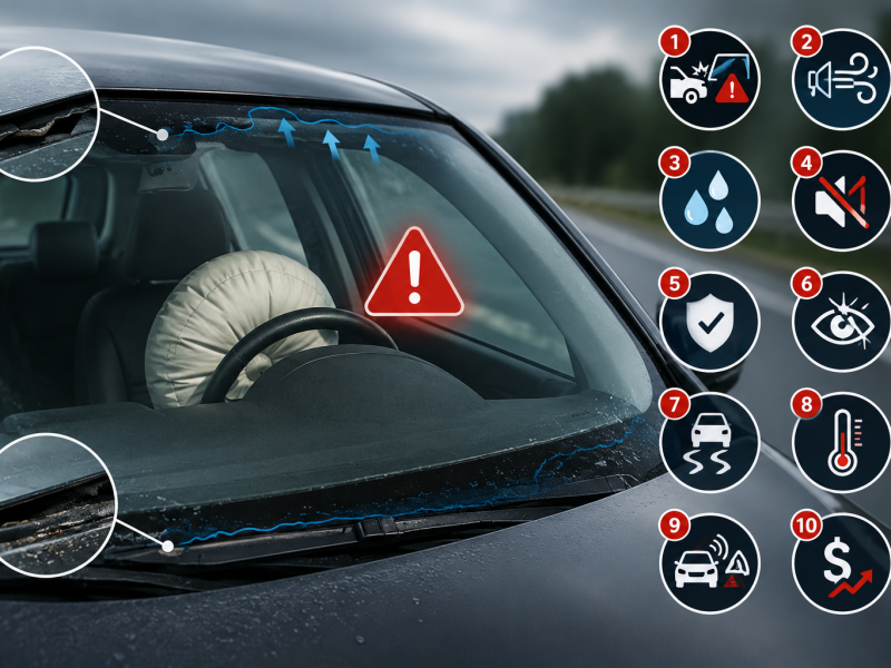 Vehicle with a poorly installed windshield showing gaps, seal failure, and safety warning icons that illustrate common windshield installation risks.