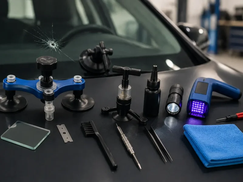 Professional windshield repair tools including a resin injector, bridge system, UV curing light, suction cups, razor blade, and cleaning accessories on a workbench.