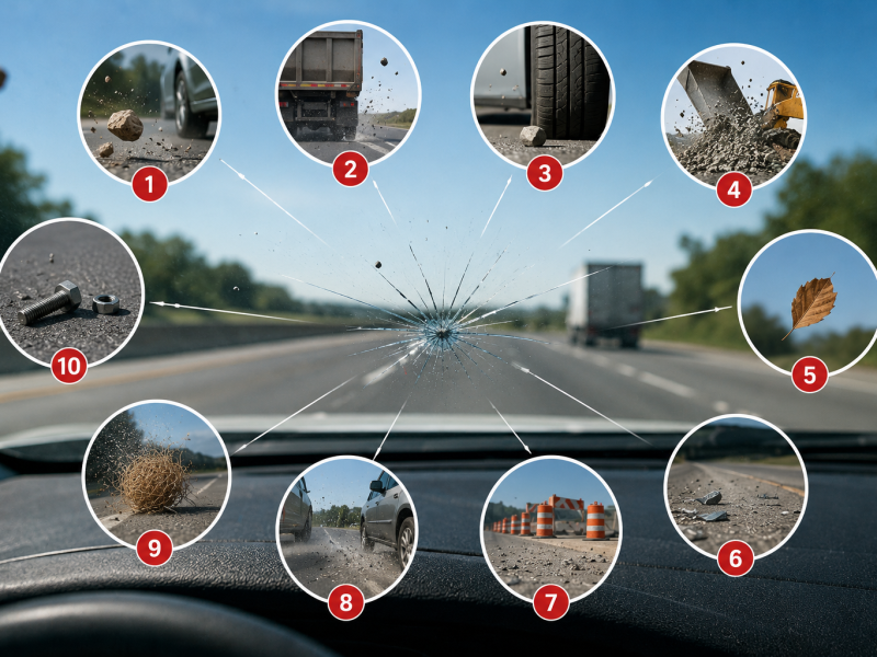Driver's view of a cracked windshield on a highway with common sources of road debris, including rocks, gravel, construction materials, and loose objects.