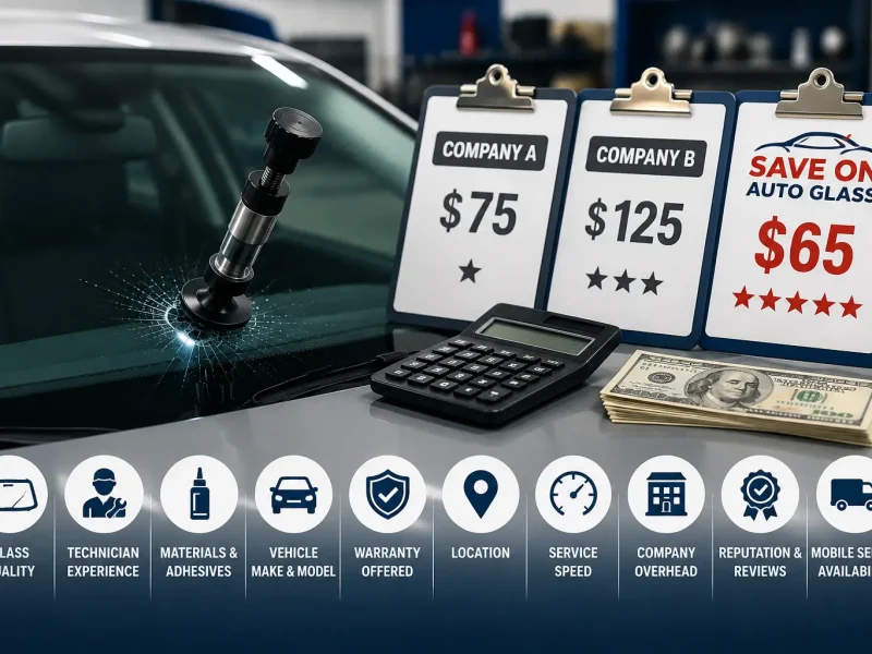 Comparison of windshield repair pricing showing Company A starting at $75+, Company B starting at $125+, and Save On Auto Glass offering windshield repair for $65 alongside professional auto glass repair equipment.